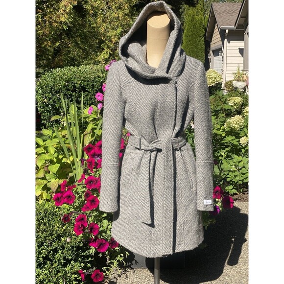 Calvin Klein Wool Blend Grey Herringbone Tweed Hooded Zip Up Overcoat Womens XS - Picture 1 of 8